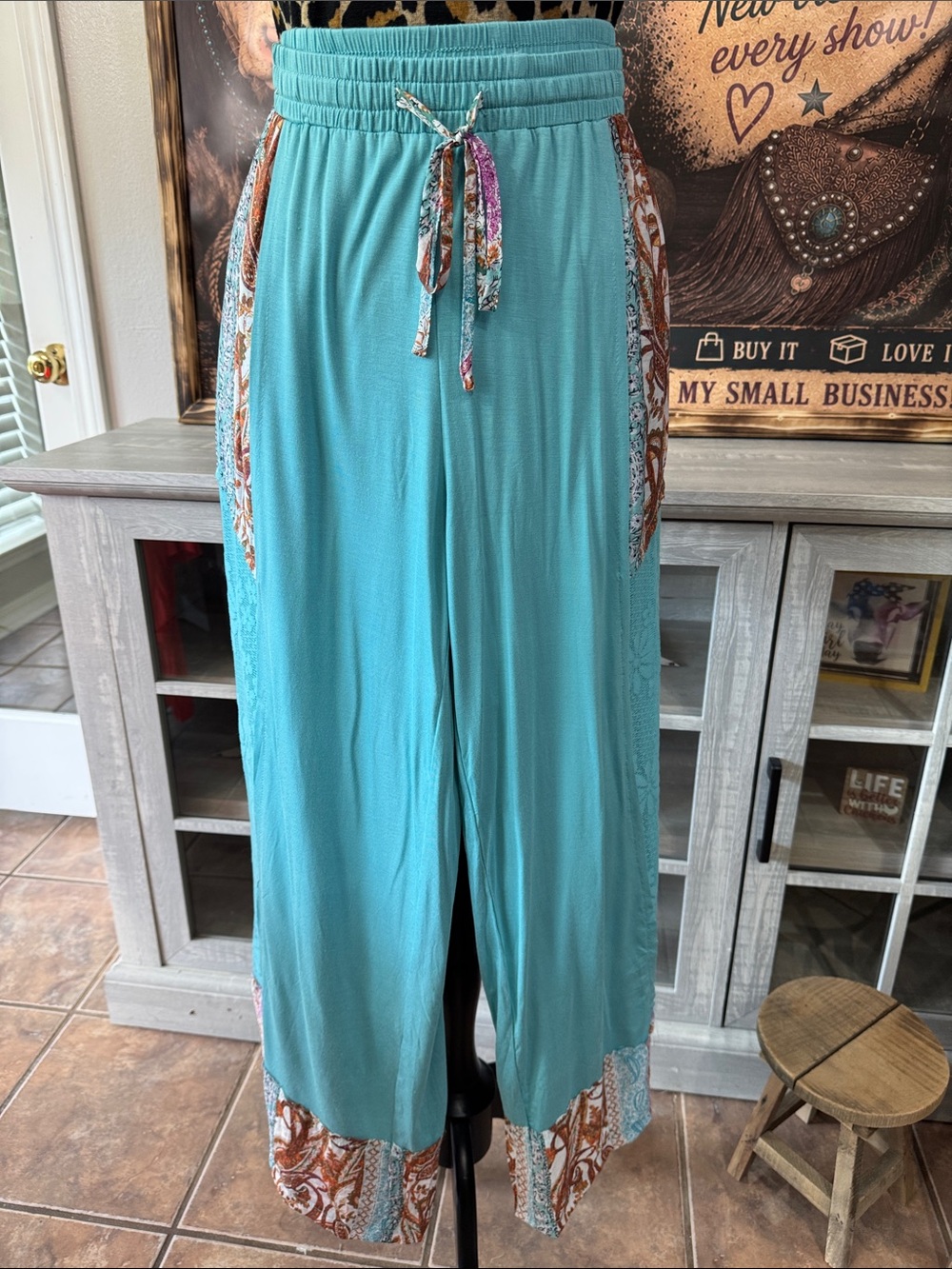 POL  Boho Wide-Leg Drawstring Pants - Teal with Lace Inset  Sz Large